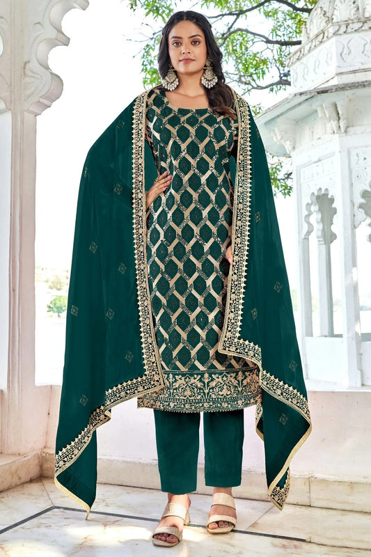 Rama Green Semi Stitched Blooming Vichitra Pant Style Suit NCSM11410525
