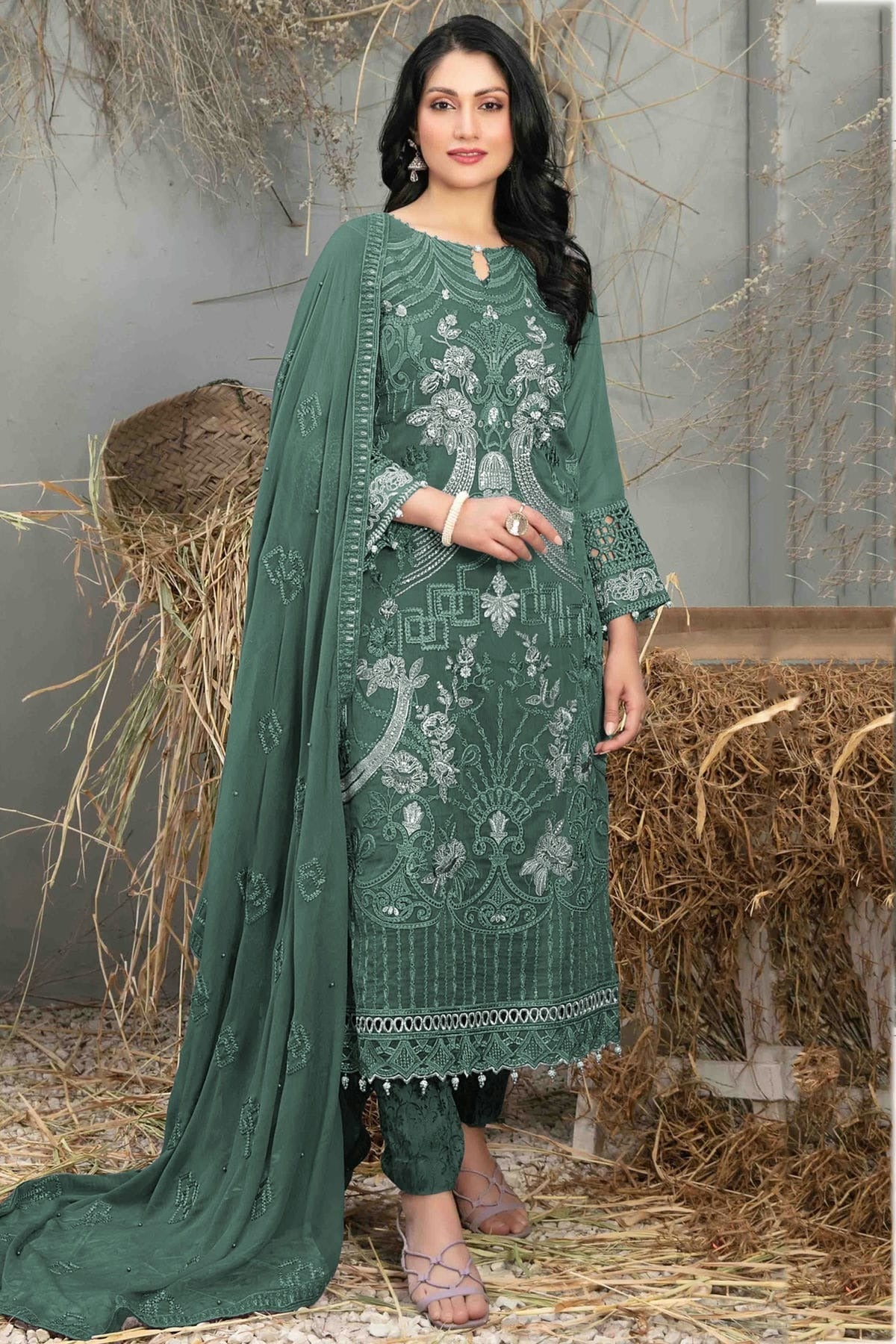 Rama Green Semi Stitched Faux Georgette Pakistani Suit NCSM11410358