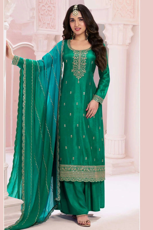 Rama Green Semi Stitched Vichitra Silk Palazzo Pant Suit NCSM11410423