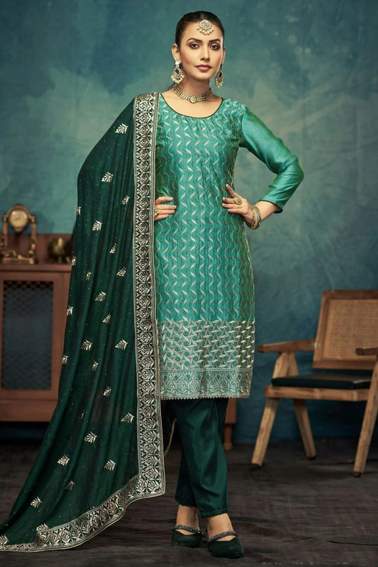 Rama Green Semi Stitched Vichitra Silk Pant Style Suit NCSM11410416