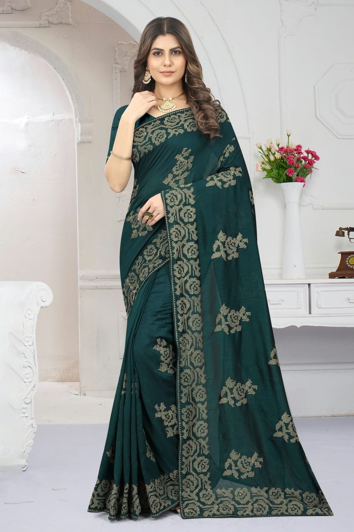 Rama Green Vichitra Silk Designer Saree NCLC11210433