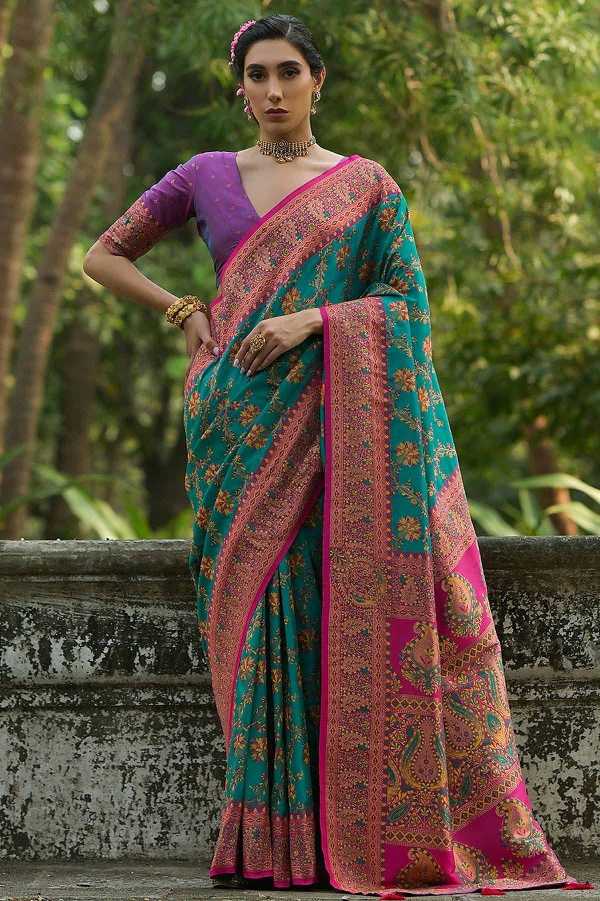 Rama Green Woven Pashmina Silk Saree NCSD12610155