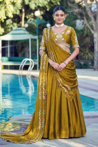 Rangoli Crush Embroidery Sequins Work Lehenga Choli In Mustard Colour NCLD1300034