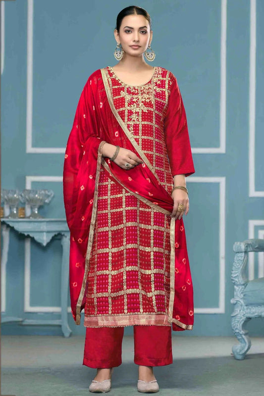 Red Banarasi Cotton Pant Style Suit NCSM11110713