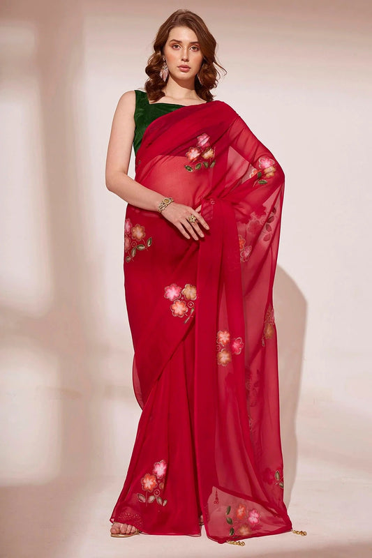 Red Blooming Organza Saree NCSD11112461