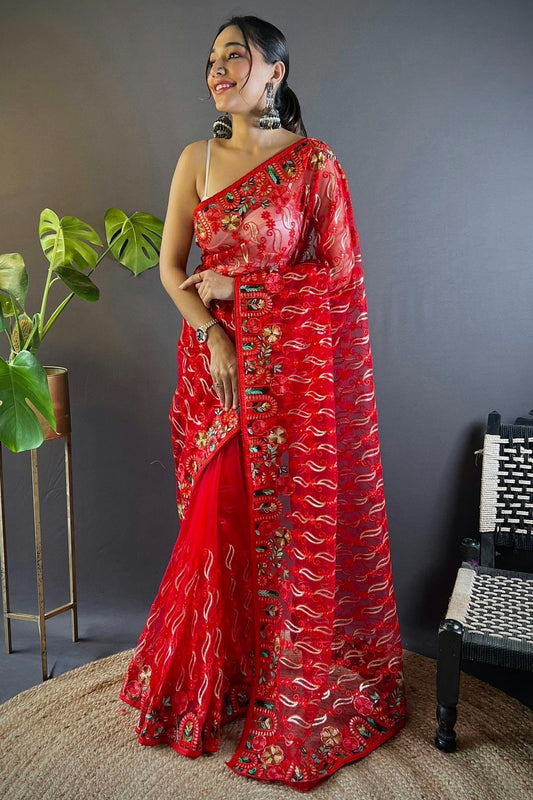 Red Butterfly Net Designer Saree NCSD11111676