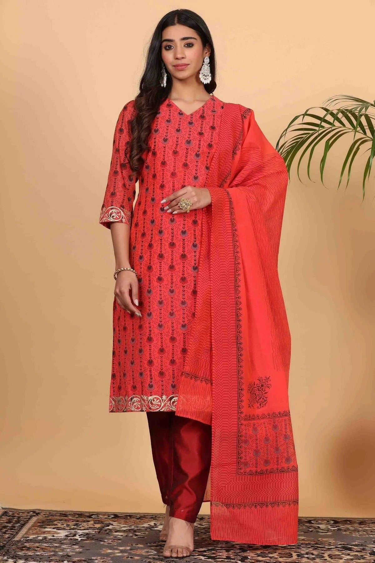 Red Chanderi Stitched Suit NCSS11110897