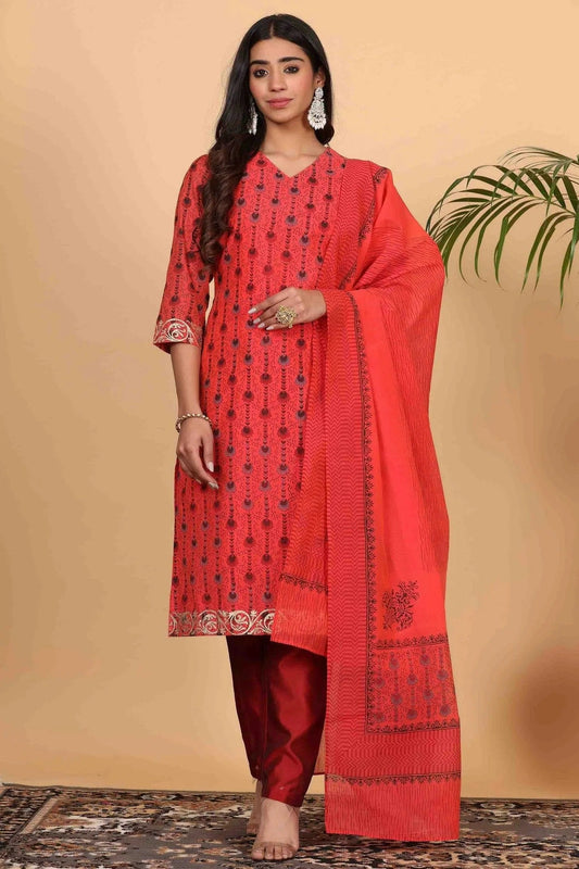 Red Chanderi Stitched Suit NCSS11110897
