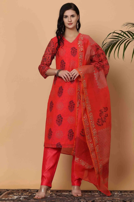 Red Chanderi Stitched Suit NCSS11110900
