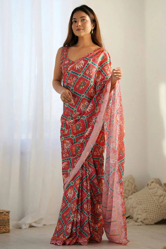 Red Chinon Printed Saree NCSD11111559
