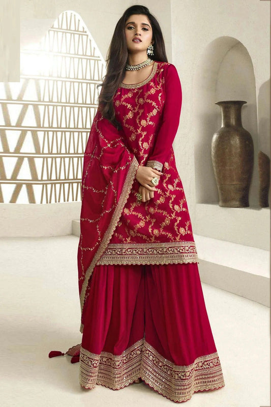Red Chinon Sharara Suit NCSM11112339