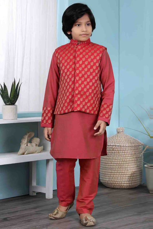 Red Cotton Silk Kurta PajamaWith Jacket NCBW10710701