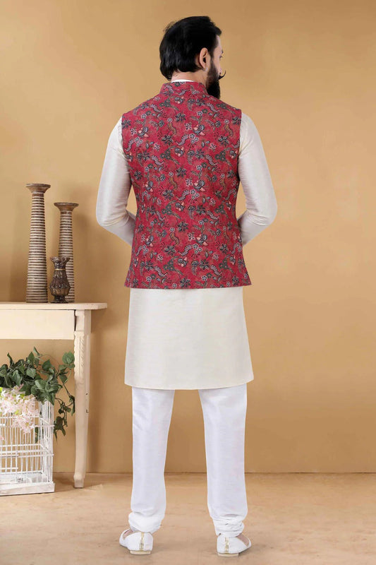Red Cotton Kurta PajamaWith Jacket  NCKP11310158