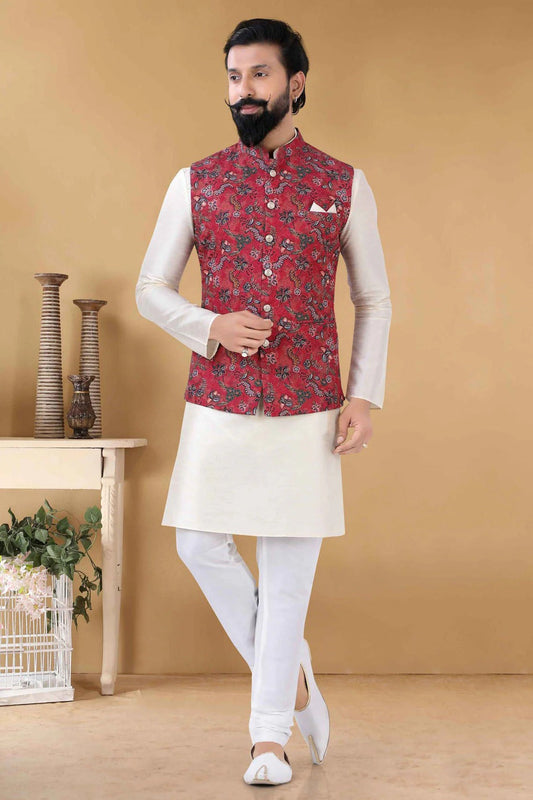 Red Cotton Kurta PajamaWith Jacket NCKP11310158