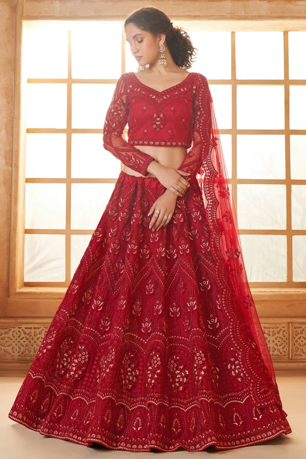 Red Embroidery Net and SilK Lehenga Choli NCLC12910121