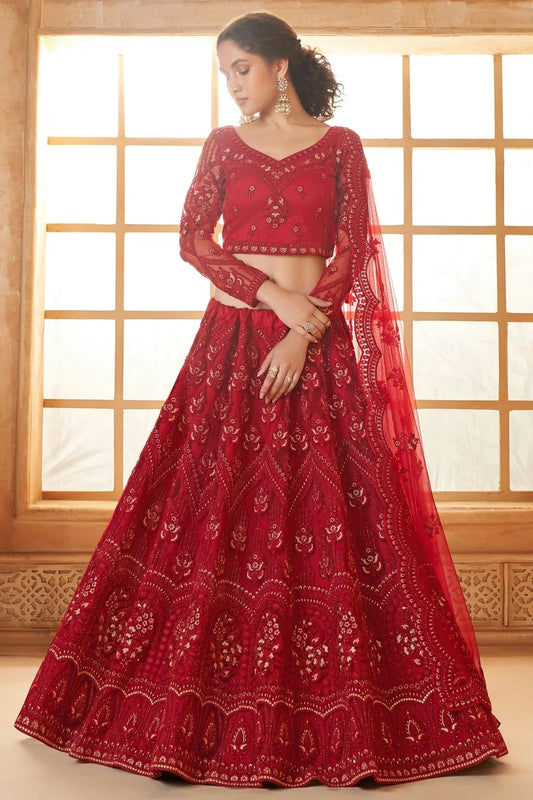 Red Embroidery Net and SilK Lehenga Choli NCLC12910121