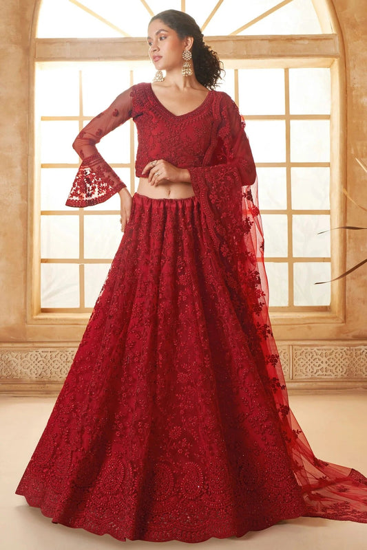 Red Embroidery Net and SilK Lehenga Choli NCLC12910124