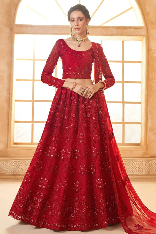 Red Embroidery Net and SilK Lehenga Choli NCLC12910127