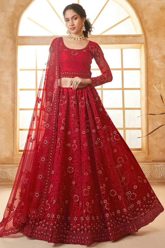 Red Embroidery Net and SilK Lehenga Choli NCLC12910130