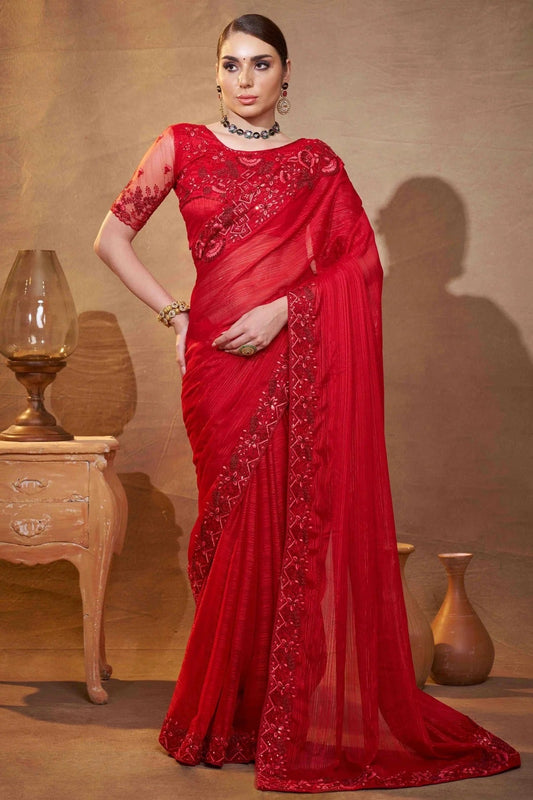 Red Embroidery Satin Jari Designer Saree NCSD11110625