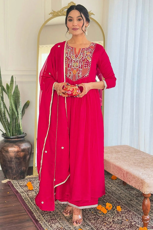 Red Embroidery Viscose Stitched Suit NCSS11111310