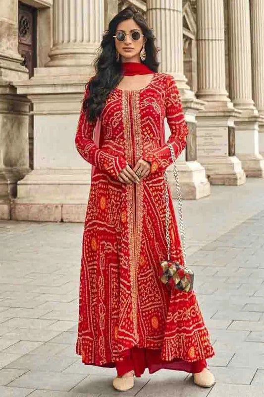 Red Faux Georgette Palazzo Pant Suit NCSM11410223