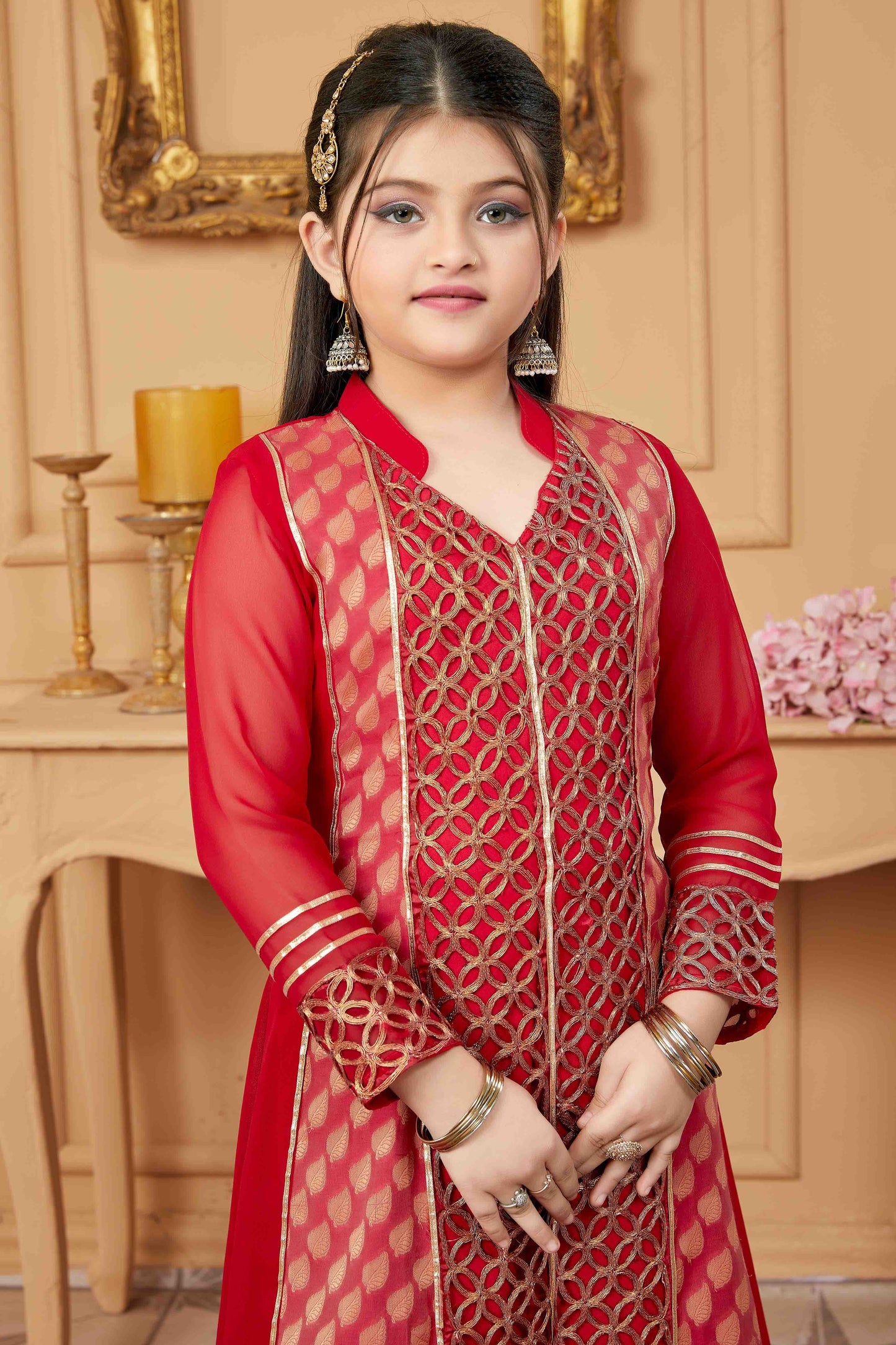 Red Faux Georgette Pant Style Suit NCGW10710811