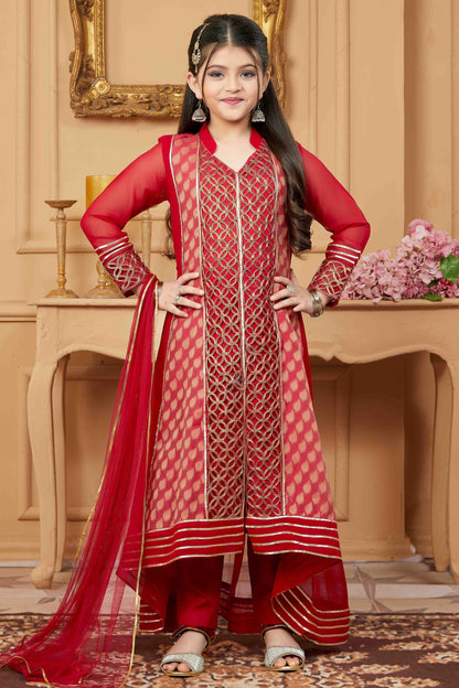 Red Faux Georgette Pant Style Suit NCGW10710811