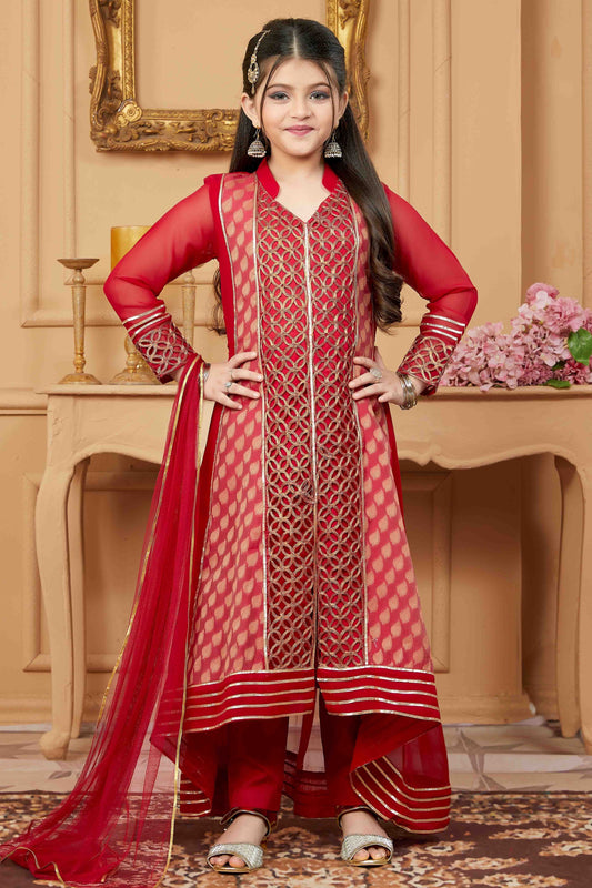 Red Faux Georgette Pant Style Suit NCGW10710811