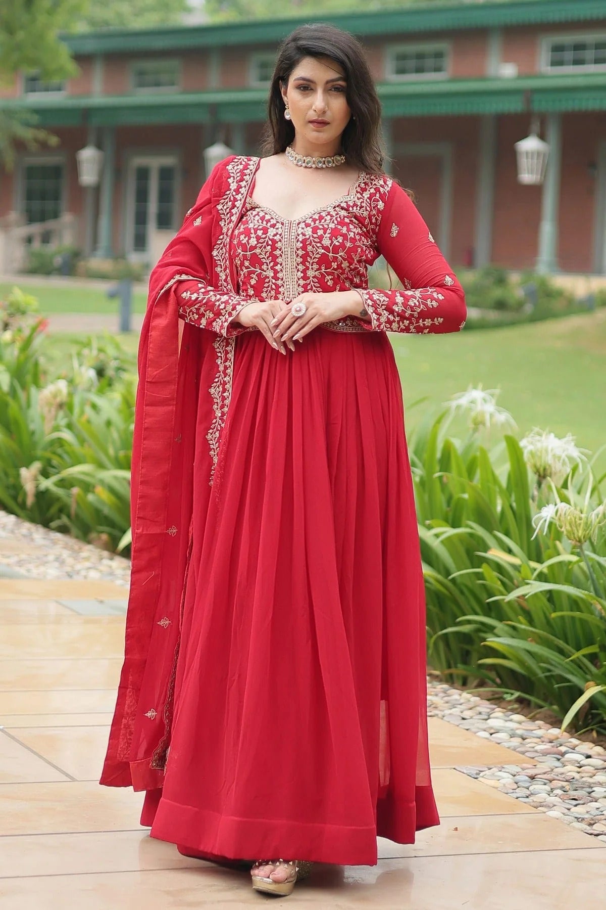 Red Faux Georgette Stitched Gown NCGW11111365