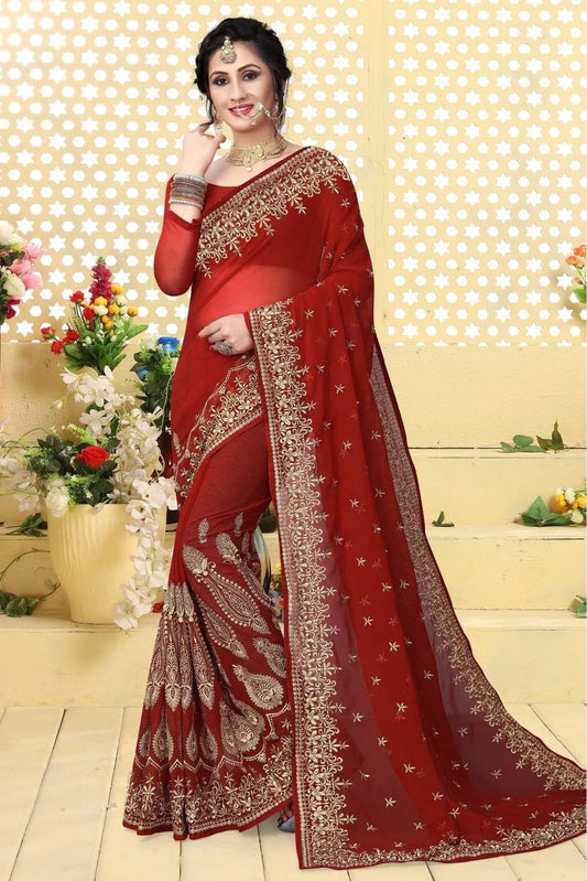 Red Georgette Embroidered Saree NCSD11210602