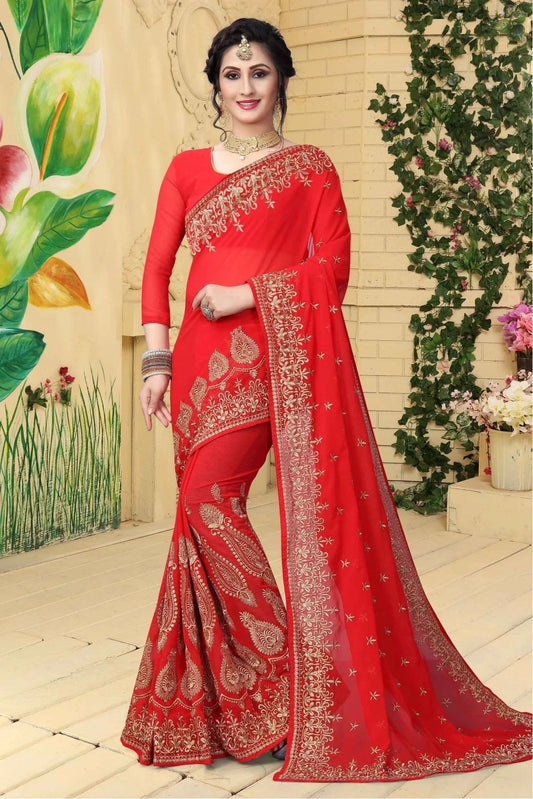 Red Georgette Embroidered Saree NCSD11210604