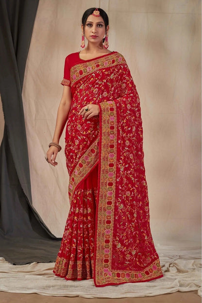 Red Georgette Embroidery Saree NCSD11210855