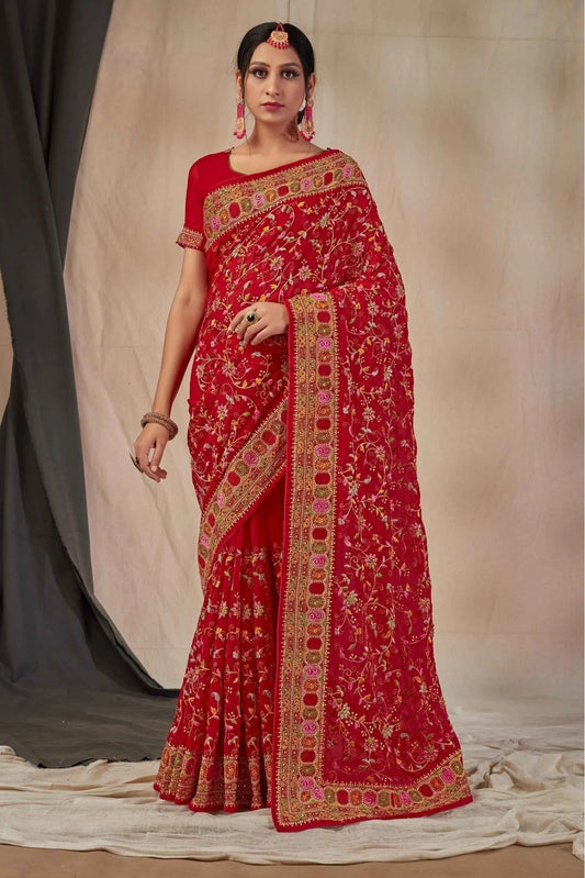 Red Georgette Embroidery Saree NCSD11210855