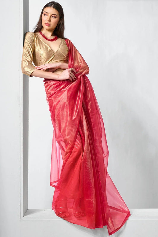 Red Gold Tissue Net Designer Saree NCSD11111789