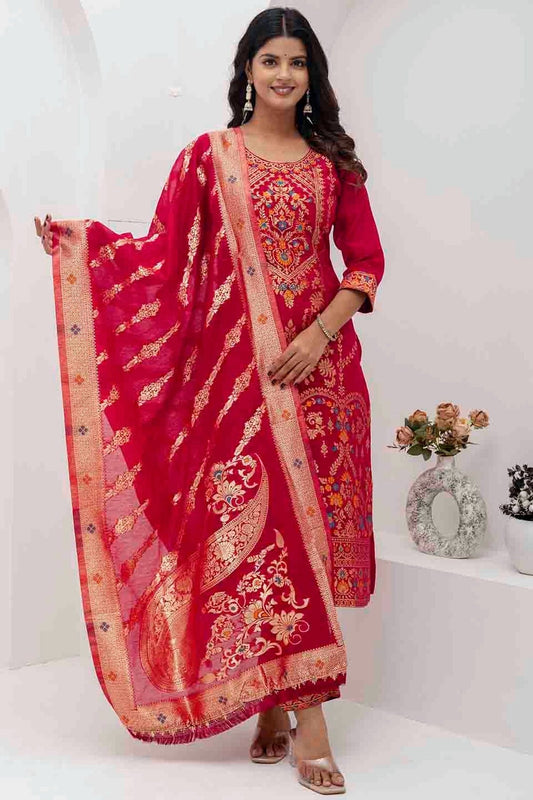 Red Jacquard Silk Woven and Hand Pant Style Suit NCSS11110323
