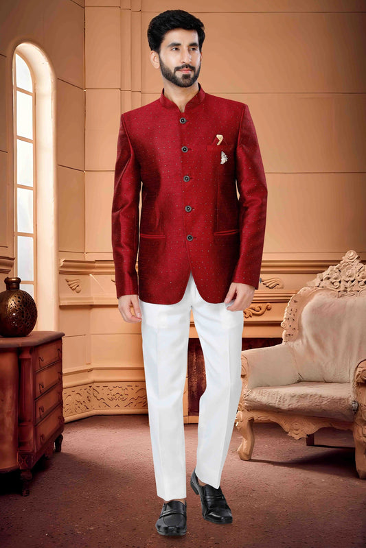 Red Jodhpuri In Jacquard NCJP11310109