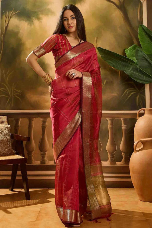 Red Khadi Organza Traditional Saree NCSD11110111