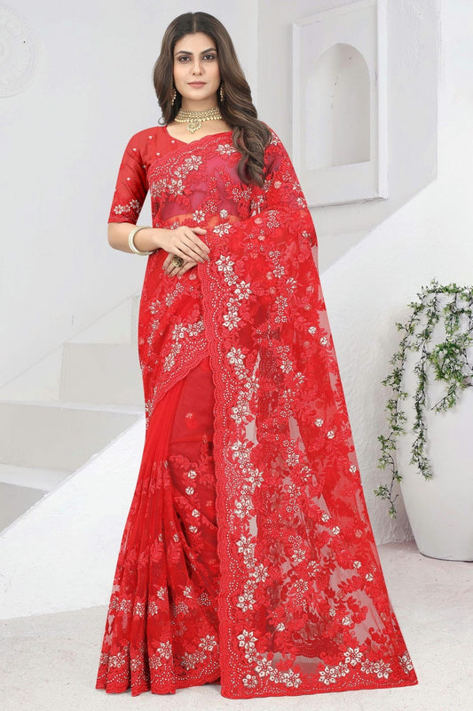 Red Net Designer Saree NCSD10910190