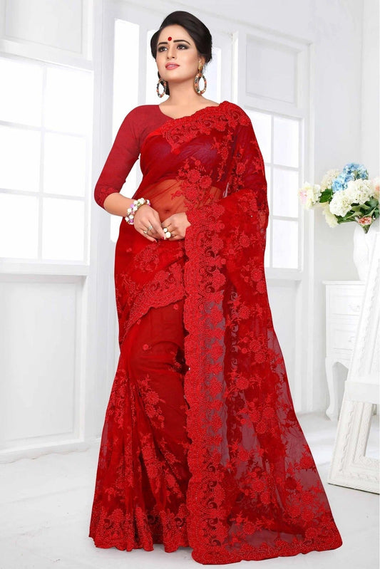 Red Net Designer Saree NCSD10910476