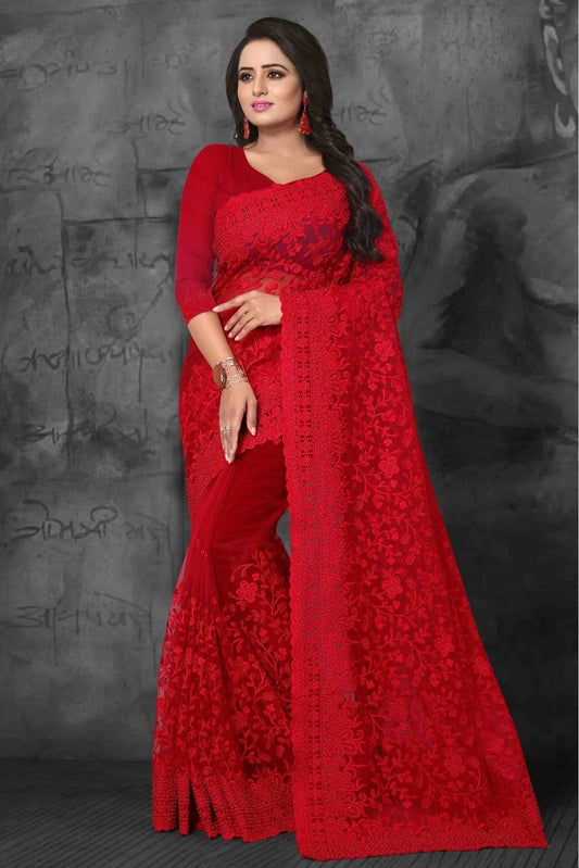 Red Net Designer Saree NCSD10910486