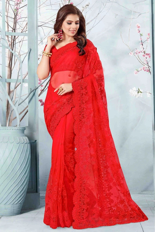 Red Net Designer Saree NCSD10910495