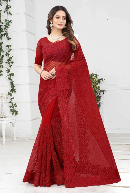 Red Net Designer Saree NCSD10910598