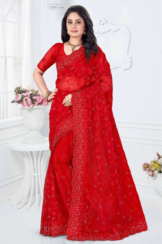 Red Net Designer Saree NCSD10910652