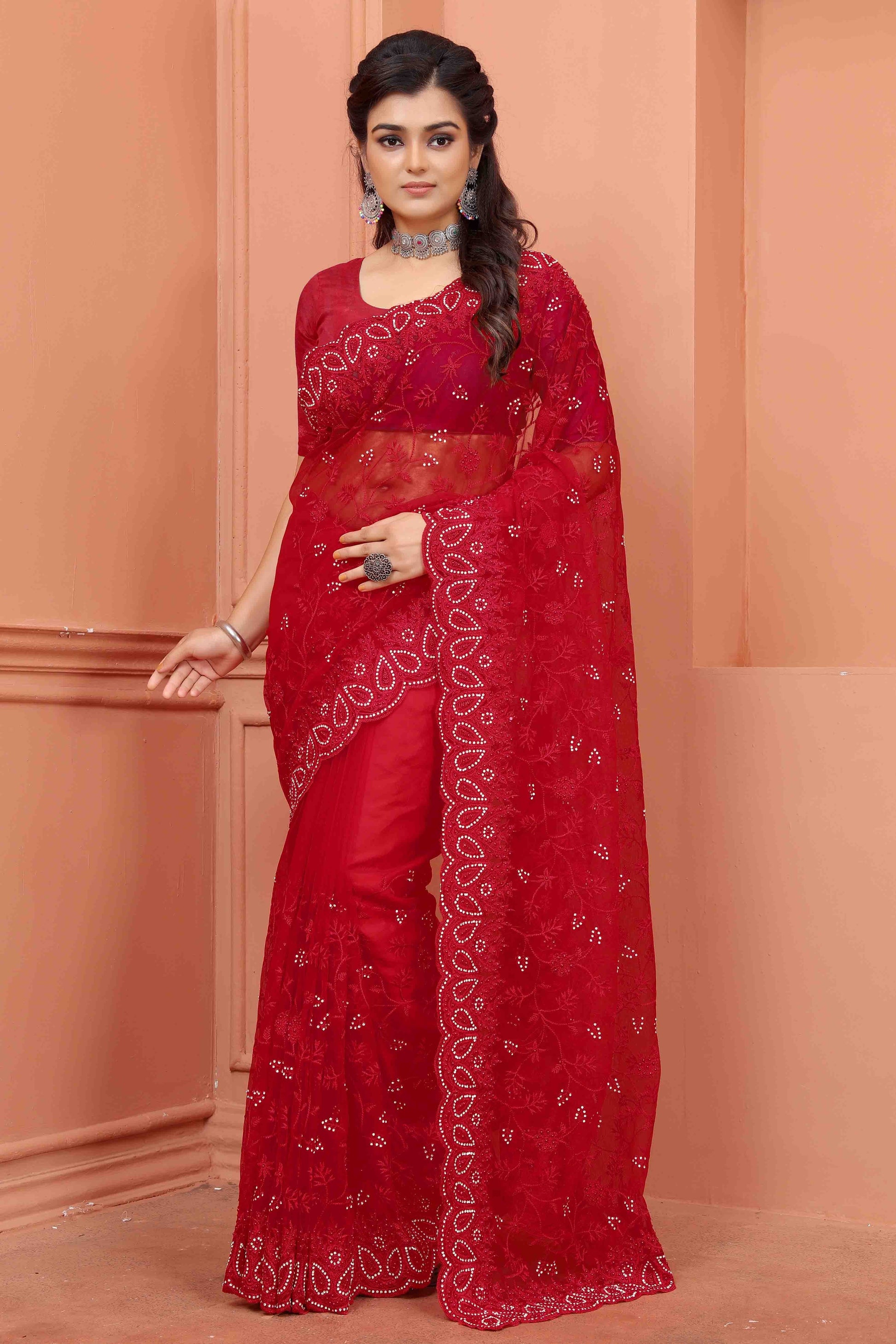 Red Net Designer Saree NCSD10910716