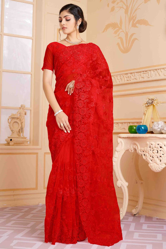 Red Net Designer Saree NCSD10910764