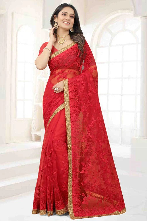 Red Net Designer Saree NCSD10910773