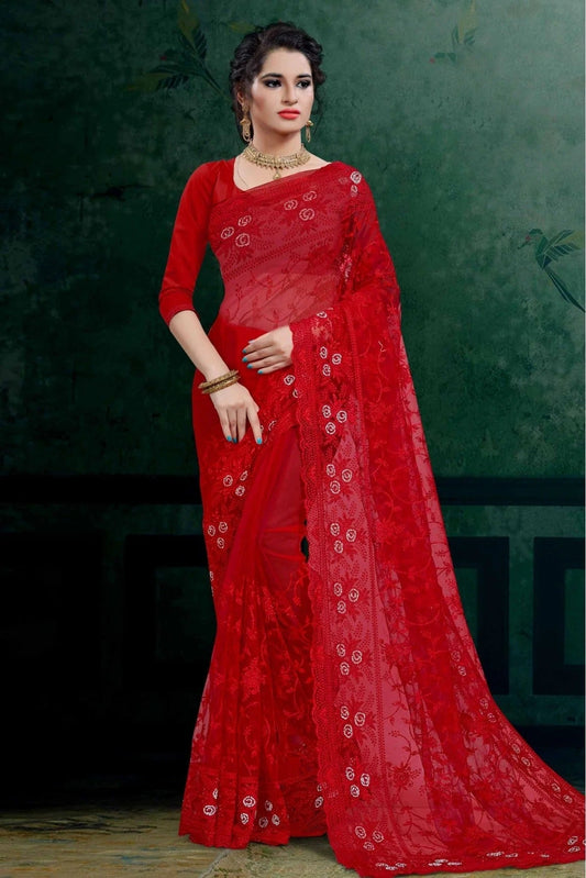 Red Net Embroidery Saree NCSD10910528