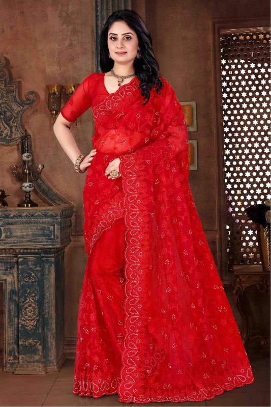 Red Net Embroidery Saree NCSD10910533