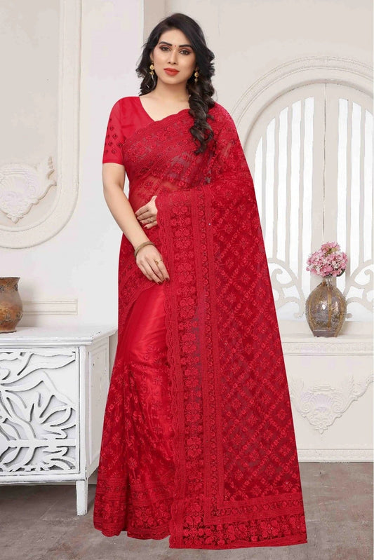 Red Net Embroidery Saree NCSD10910657